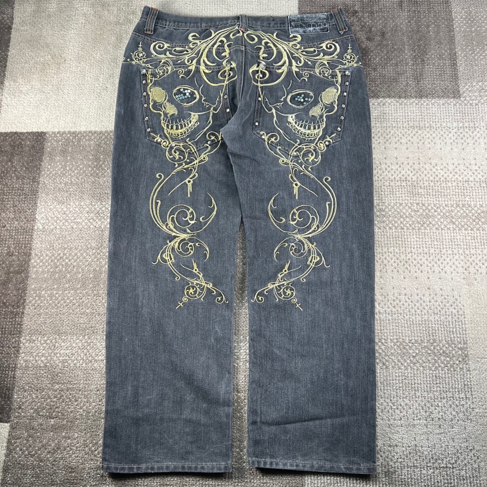 Imperious Mens Black Embroidered Skulls Baggy Wide Leg Jean 38x32 Y2K Streetwear